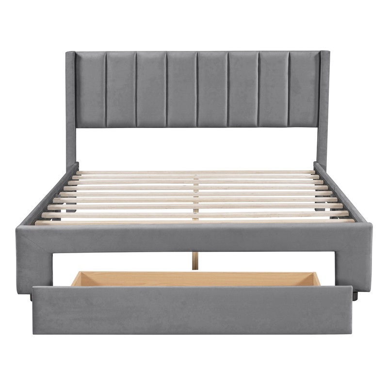 Queen Size Platform Contemporary Upholstered Bed With Storage Drawer – Gray