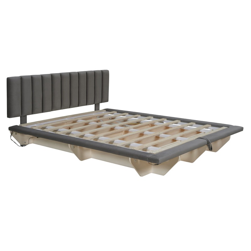 Queen Size Upholstered Hydrualic Platform Floating Bed With LED Light And USB Port – Gray
