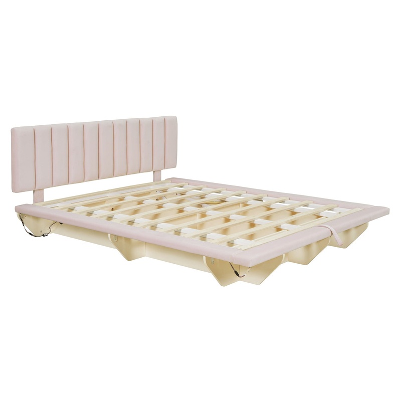 Queen Size Upholstered Hydrualic Platform Floating Bed With LED Light And USB Port – Pink