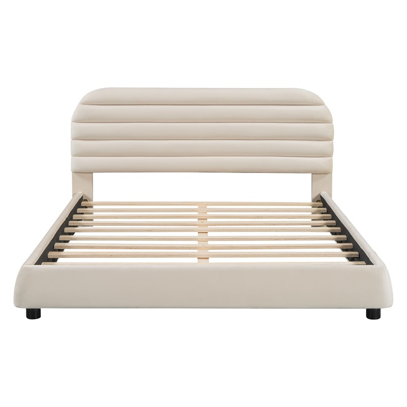 Queen Size Upholstered Platform Bed Frame And Stylish Curve Shaped Design – Beige