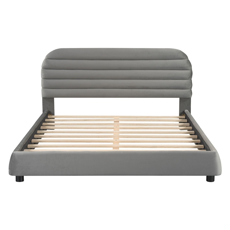 Queen Size Upholstered Platform Bed Frame And Stylish Curve Shaped Design – Gray