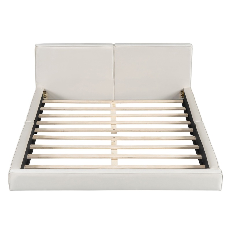Queen Size Upholstered Platform Bed, Grounded Bed With Solid Frame – Beige