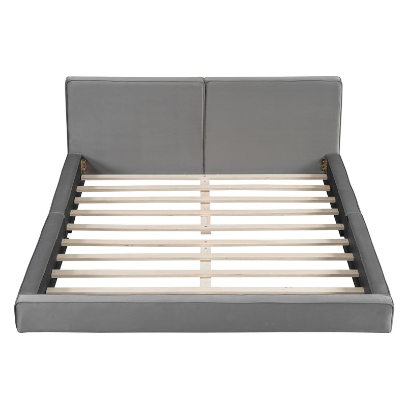 Queen Size Upholstered Platform Bed, Grounded Bed With Solid Frame – Gray