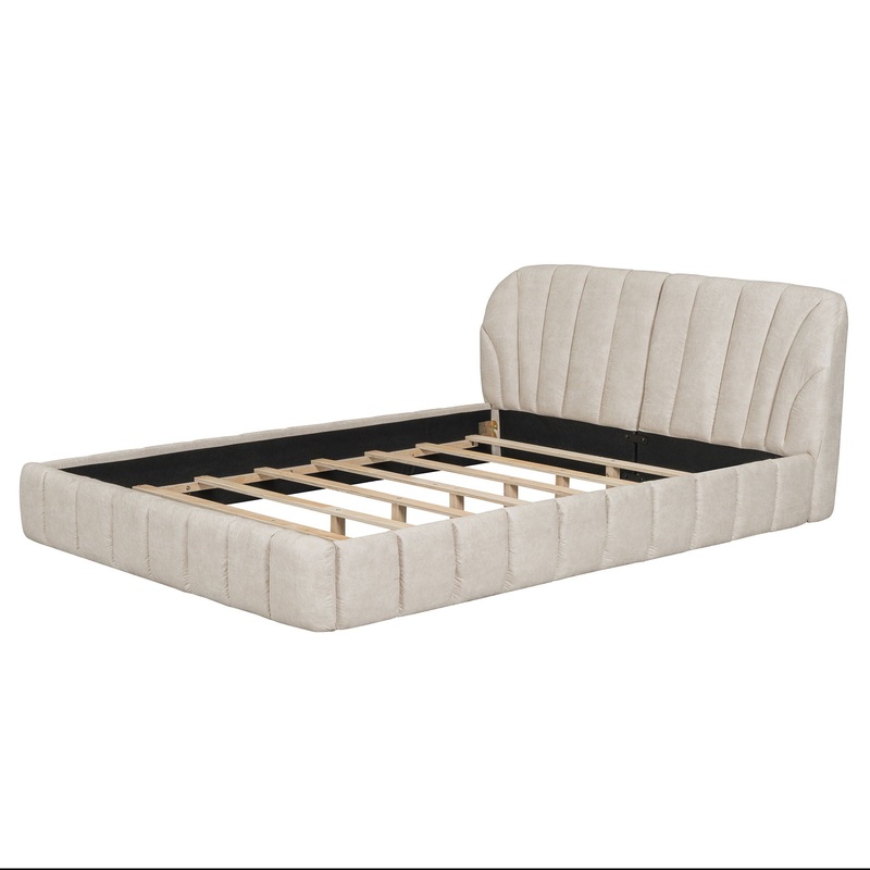 Queen Size Upholstered Platform Bed, Polyester – Beige