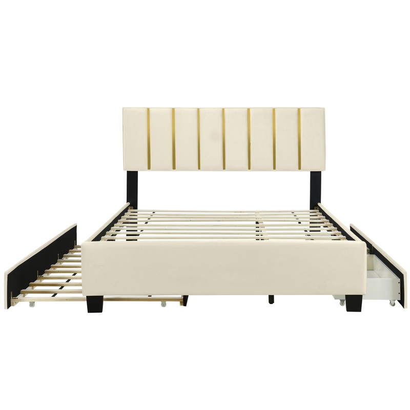Queen Size Upholstered Platform Bed With 2 Drawers And 1 Trundle, Classic Strip Headboard Design – Beige