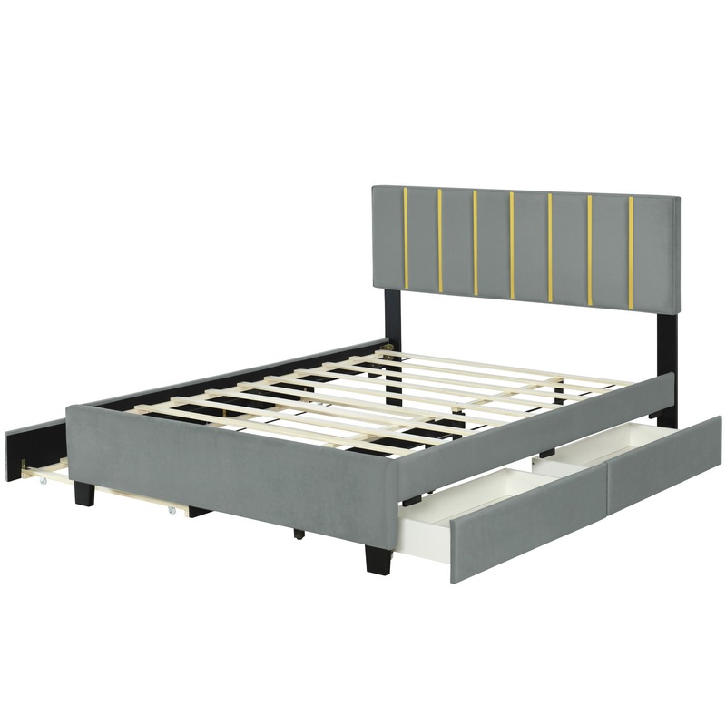 Queen Size Upholstered Platform Bed With 2 Drawers And 1 Trundle, Classic Strip Headboard Design – Gray