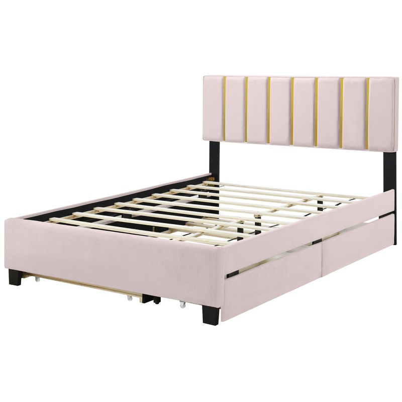 Queen Size Upholstered Platform Bed With 2 Drawers And 1 Trundle, Classic Strip Headboard Design – Pink