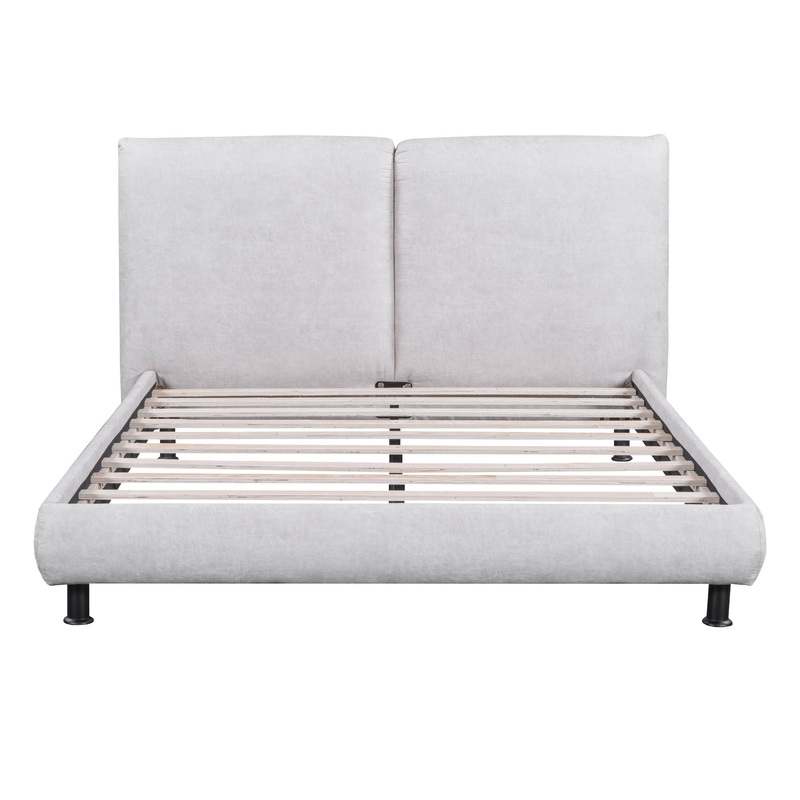 Queen Size Upholstered Platform Bed With 2 Large Headrests And Thick – Beige