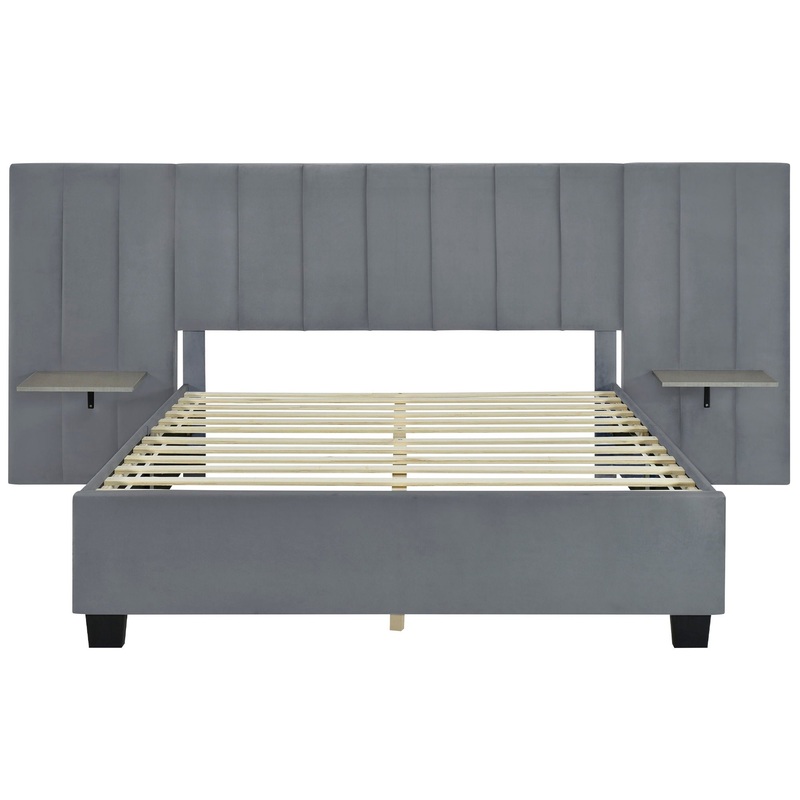 Queen Size Upholstered Platform Bed With Big Headboard – Gray