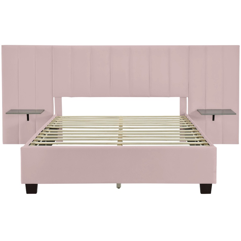 Queen Size Upholstered Platform Bed With Big Headboard – Pink