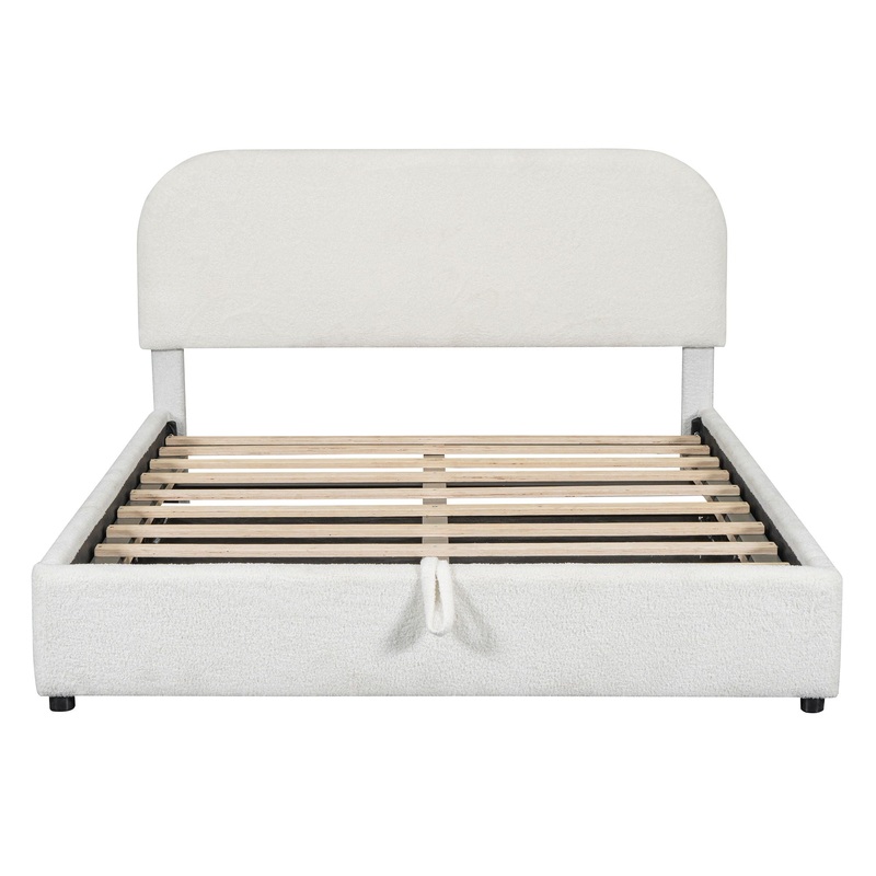 Queen Size Upholstered Platform Bed With Hydraulic Storage System – White