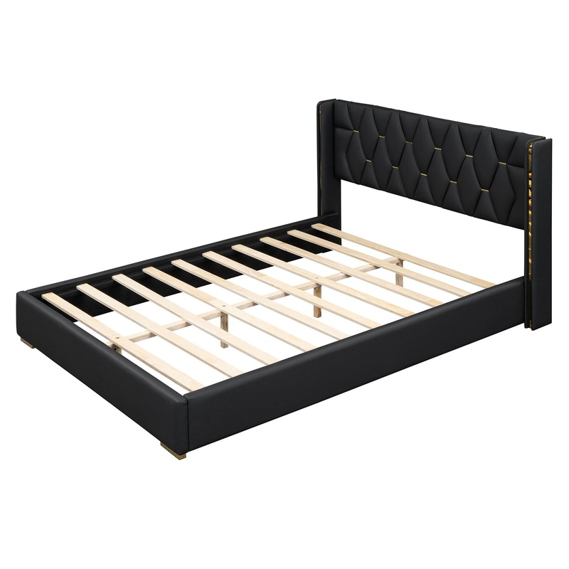 Queen Size Upholstered Platform Bed With Strips – Black