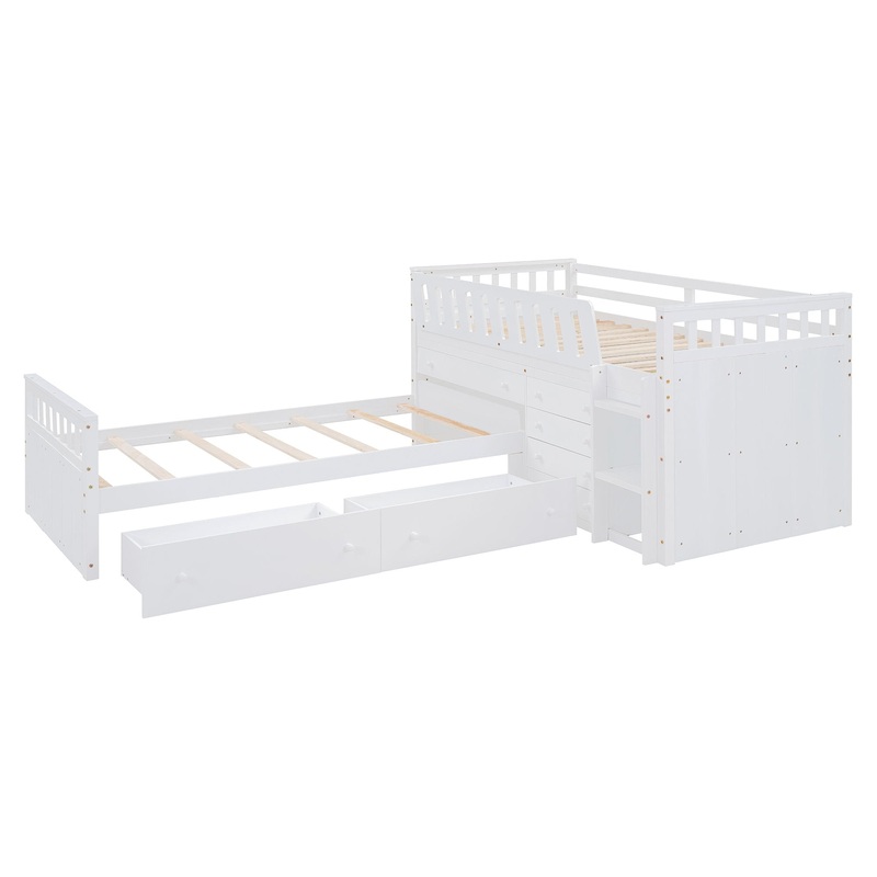 Twin Loft And Platform Bed With 7 Drawers And Full Guardrails, Modern L Shaped Space Savin – White