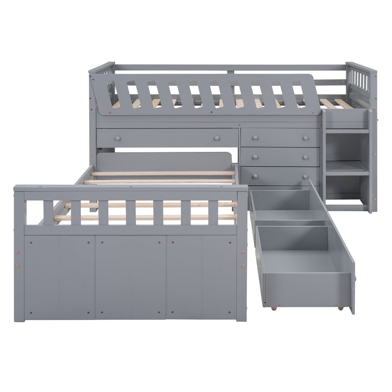 Twin Loft And Platform Bed With 7 Drawers And Full Guardrails, Modern L Shaped Space Saving – Gray