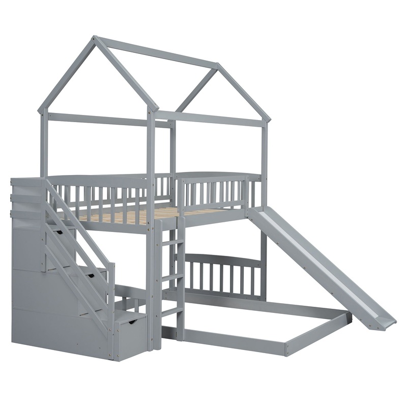 Twin Over Full Bunk Bed With Slide, House Bed With Slide – Gray