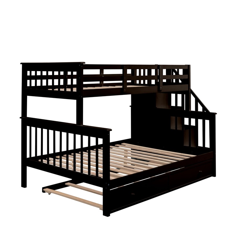 Twin Over Full Bunk Bed With Twin Size Trundle, Storage And Guard Rail For Bedroom – Espresso