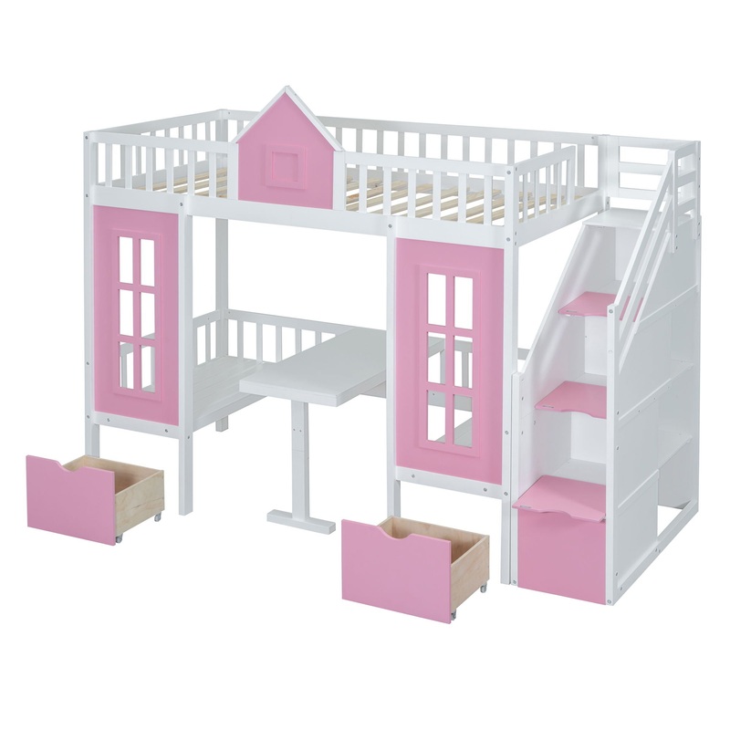 Twin Over Twin Bunk Bed With Changeable Table, Bunk Bed Turn Into Upper Bed And Down Desk – Pink