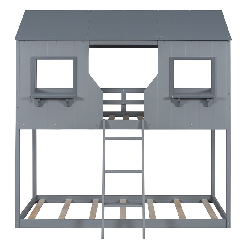 Twin Over Twin Bunk Bed With Roof, Window, Guardrail, Ladder – Gray