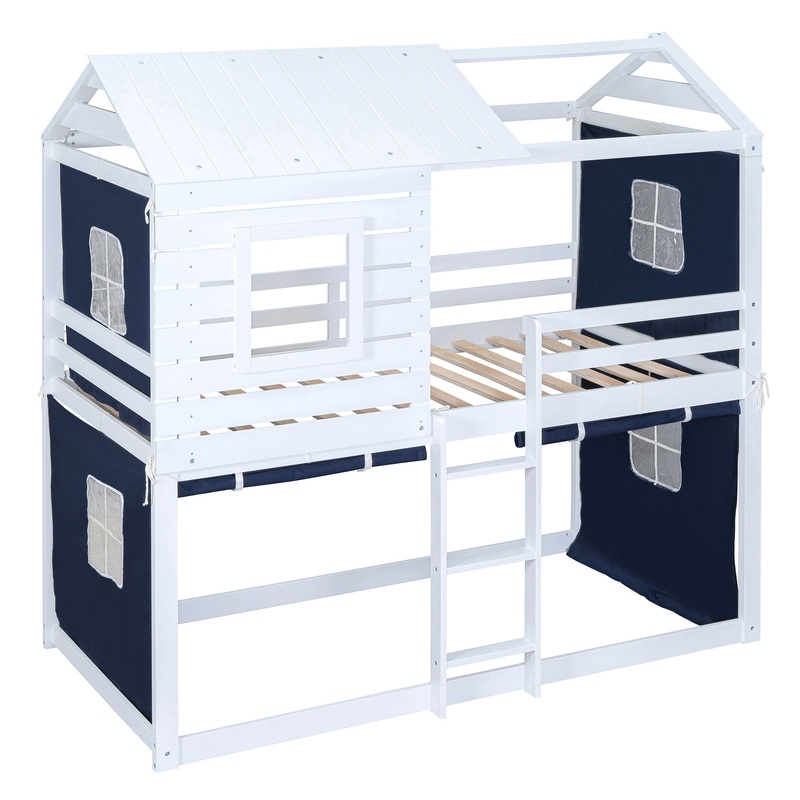 Twin Size Bunk House Bed With Tent – Blue / White