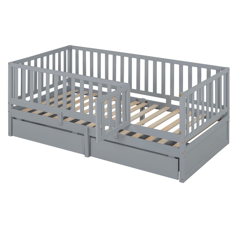 Twin Size Daybed With Fence Guardrails And 2 Drawers, Split Into Independent Floor Bed & Daybed – Gray