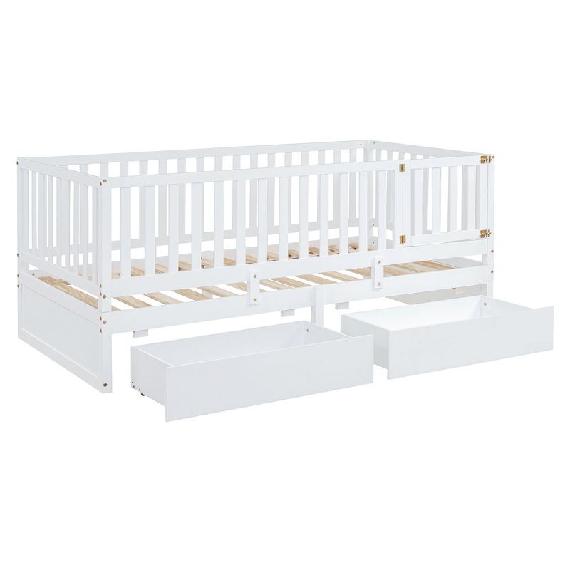Twin Size Daybed With Fence Guardrails And 2 Drawers, Split Into Independent Floor Bed & Daybed – White