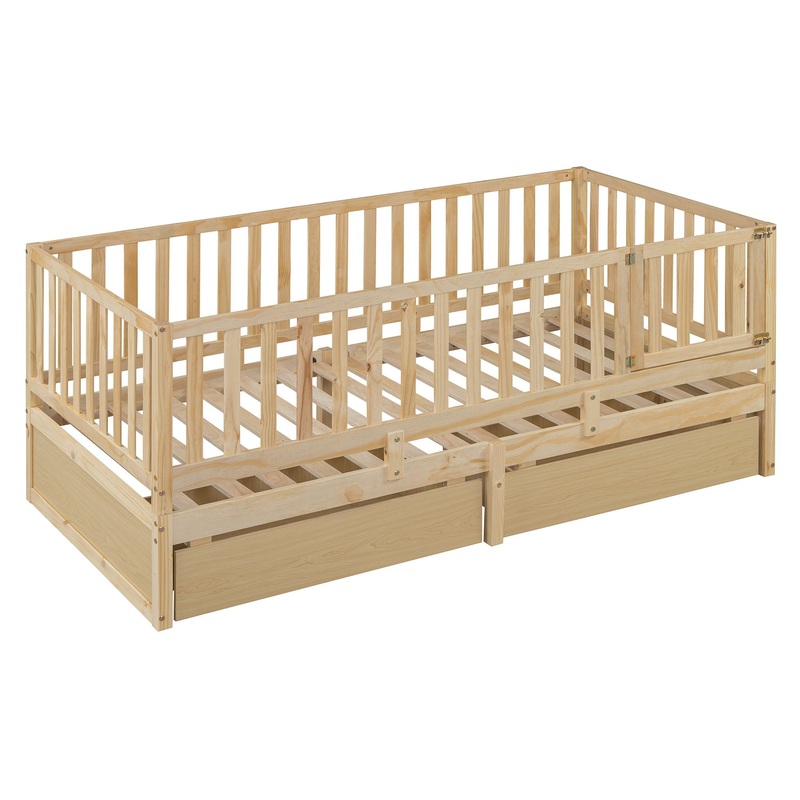 Twin Size Daybed With Fence Guardrails And 2 Drawers, Versatile Split Floor Bed & Daybed – Natural