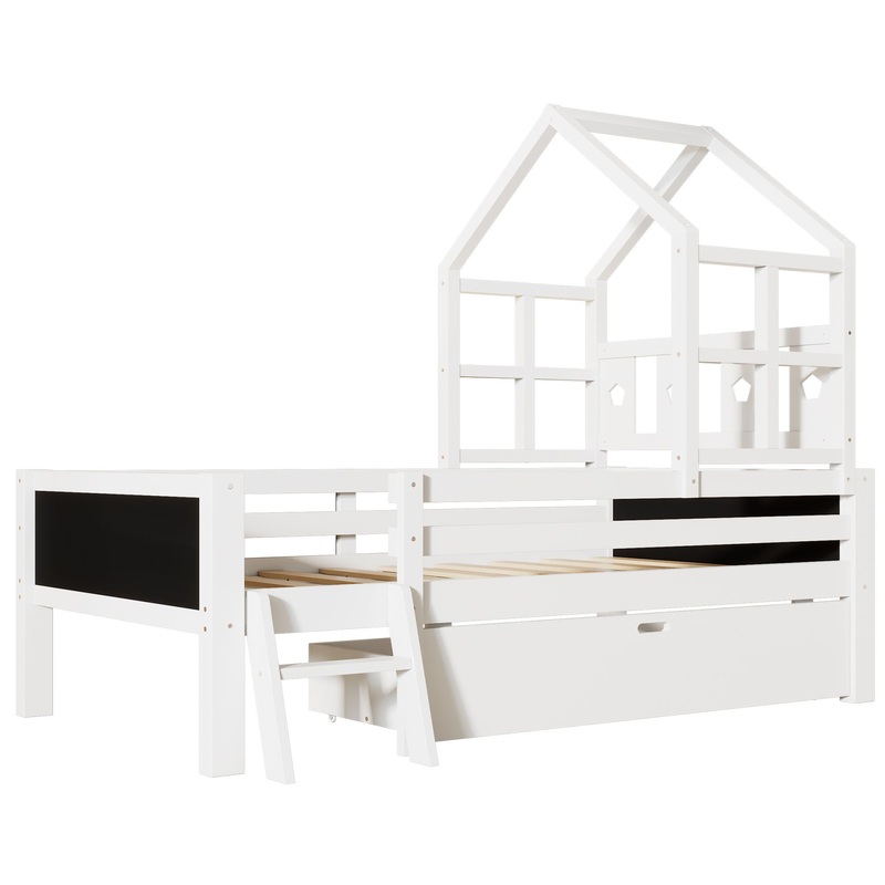 Twin Size House Bed With Ladder, Storage Drawers, And Blackboard Design – White