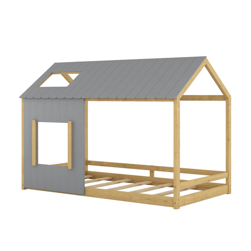 Twin Size House Bed With Roof And Window – Gray / Natural