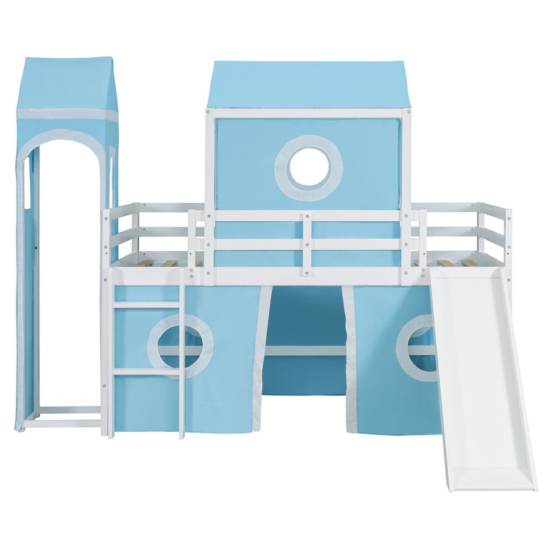 Twin Size Loft Bed With Slide Tent And Tower – Blue