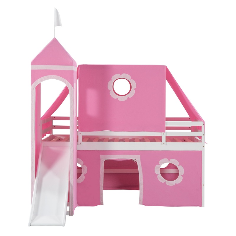 Twin Size Loft Bed With Slide Tent And Tower Fun Playhouse Design – Pink