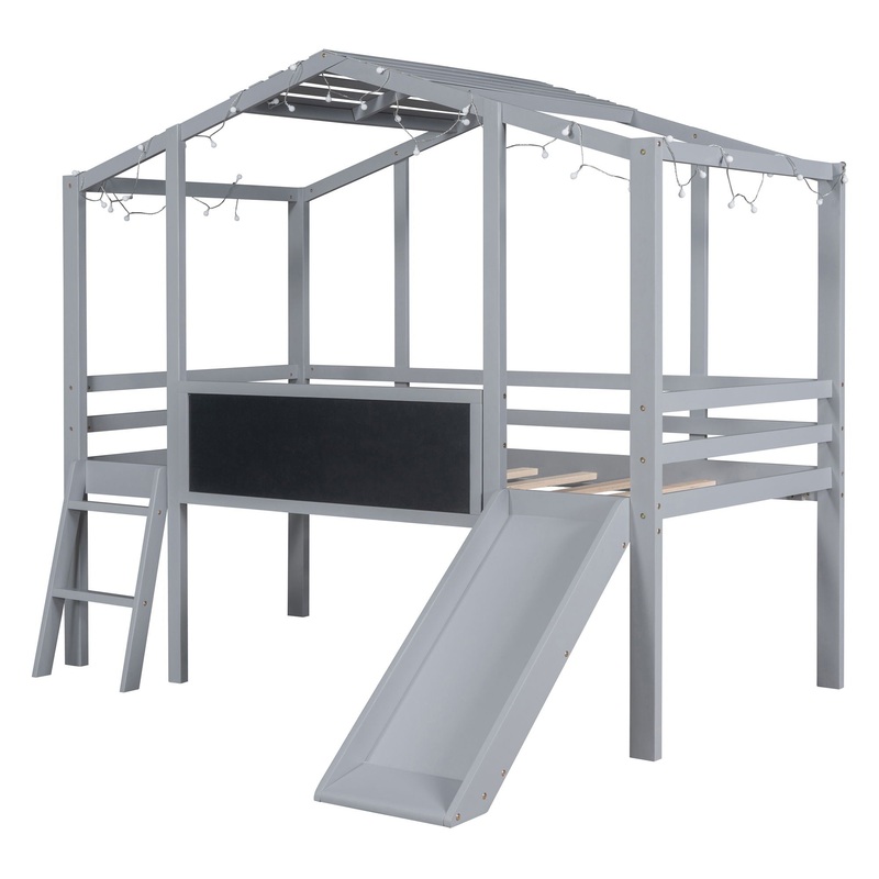 Twin Size Loft House Bed With Ladder And Slide, With Blackboard And Light Strip On The Roof – Gray