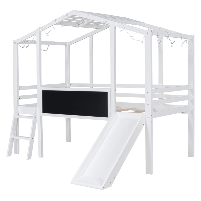 Twin Size Loft House Bed With Ladder And Slide, With Blackboard And Light Strip On The Roof – White