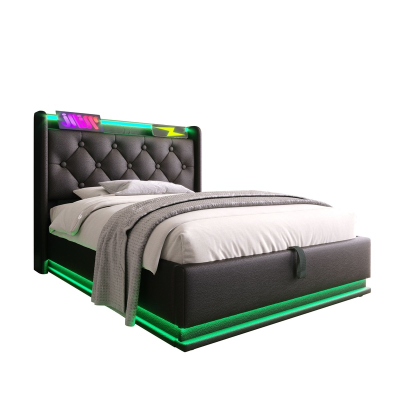 Twin Size Upholstered Bed, 360 Surround LED Function, Buttons / Apps / Remote Control, Hydraulic Storage Bed With USB Type-C Charging (Without Mattress) – Black