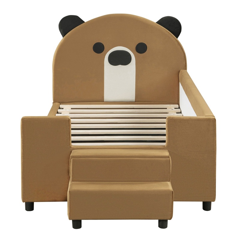 Twin Size Upholstered Daybed With Bear Shaped Headboard, Hydraulic System And Breathable Mesh Fence – Brown