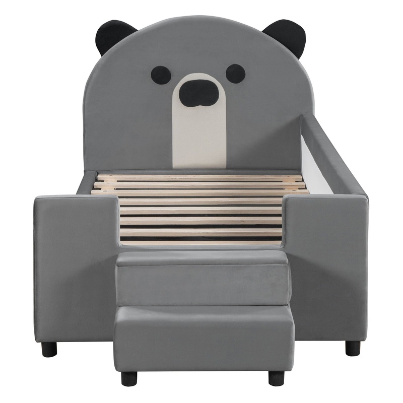 Twin Size Upholstered Daybed With Bear Shaped Headboard, Hydraulic System And Breathable Mesh Fence – Gray