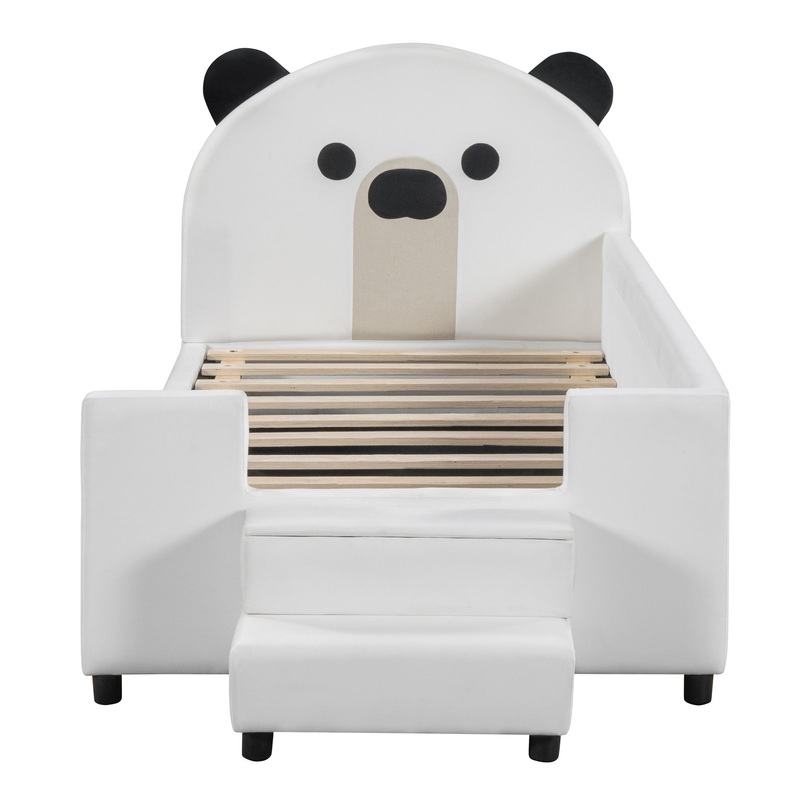 Twin Size Upholstered Daybed With Bear Shaped Headboard, Hydraulic System And Breathable Mesh Fence – White
