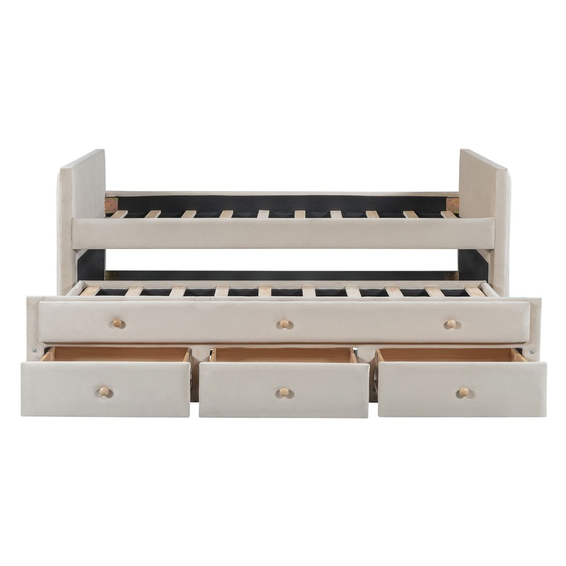 Twin Size Upholstered Daybed With Twin Size Trundle And Drawers – Beige
