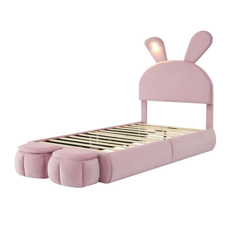 Twin Size Upholstered Platform Bed With Cartoon Ears Shaped Headboard And Light – Pink