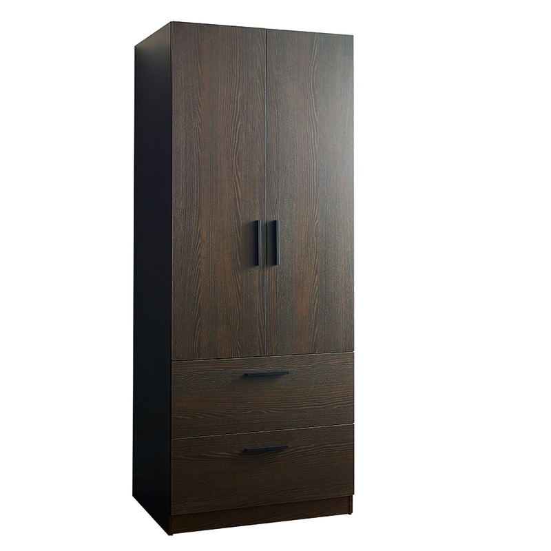 Brook – 2 Door Wood Closet With 2 Drawers And Hanging Bars – Dark Brown