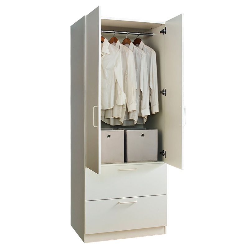 Emma – 2 Door Wood Closet With 2 Drawers And Hanging Bars – White