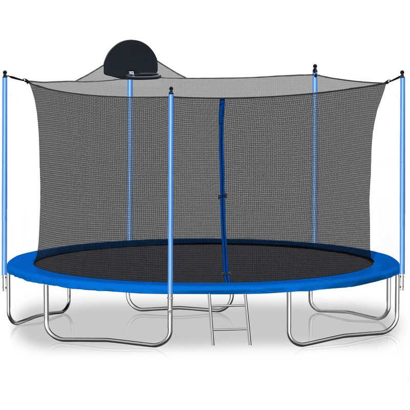 12Ft Trampoline For Adults & Kids With Basketball Hoop, Outdoor Trampolines With Ladder And Safety Enclosure Net For Kids And Adults – Blue