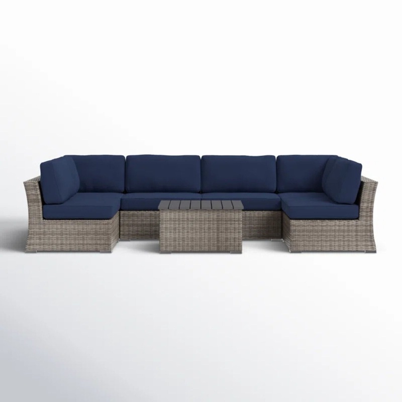 4 Person Wicker Seating Group With Sunbrella Fabric – Gray Mix / Navy Blue