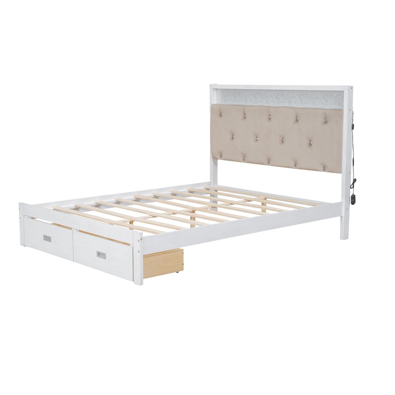 Elegant Wood Queen Size Platform Bed With Upholstered Headboard Led And Storage Drawers In Antique – Antique White