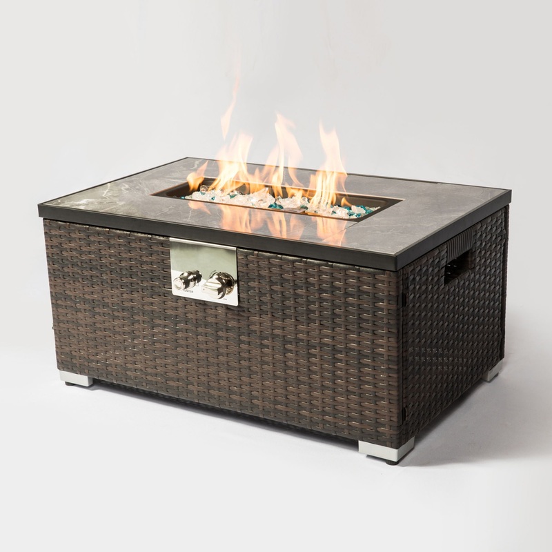 Outdoor Fire Table Propane Fire Pit Rattan Gas Fire Table, Gas Fire Table With Tile Tabletop – Brown