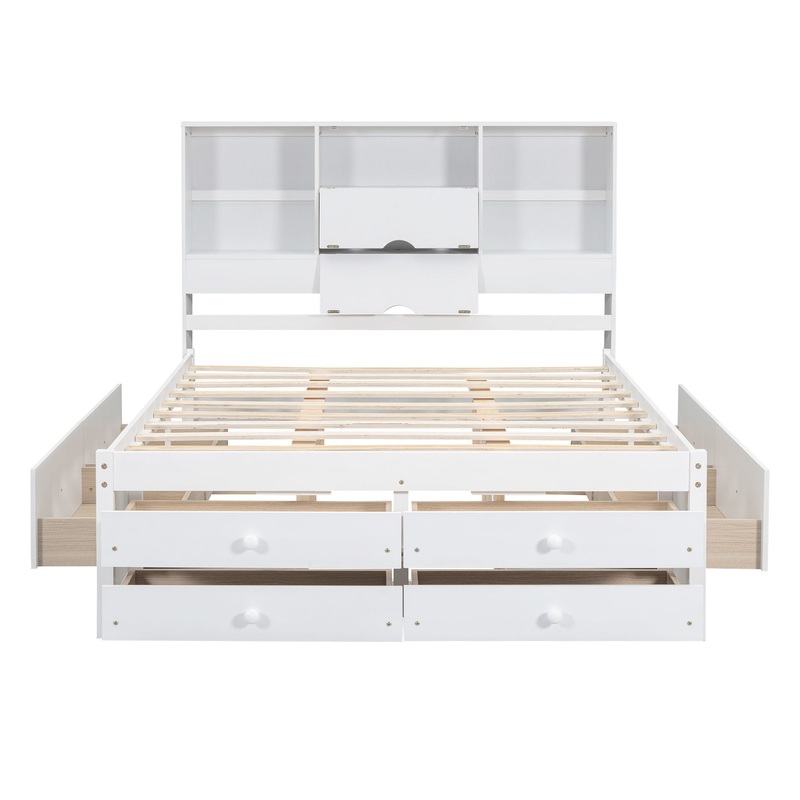 Queen Size Platform Bed With Storage Headboard And 8 Drawers – Gray