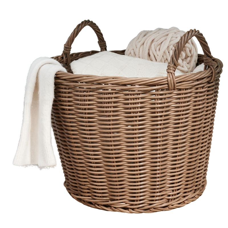 Round Cone Woven Resin Wicker Basket With Handles For Versatile Storage – Walnut Brown