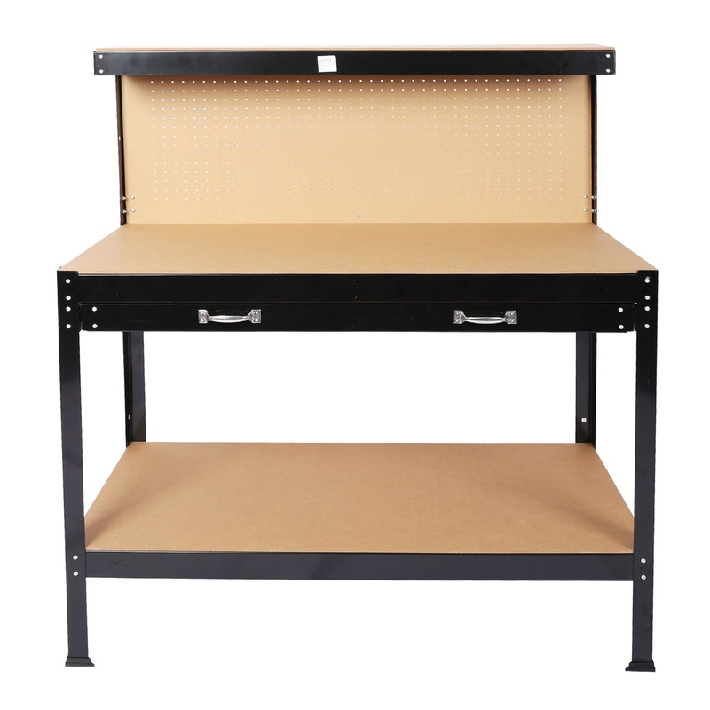 Steel Workbench Tool Storage Work Bench Workshop Tools Table With Drawer And Peg Board – Black / Light Brown