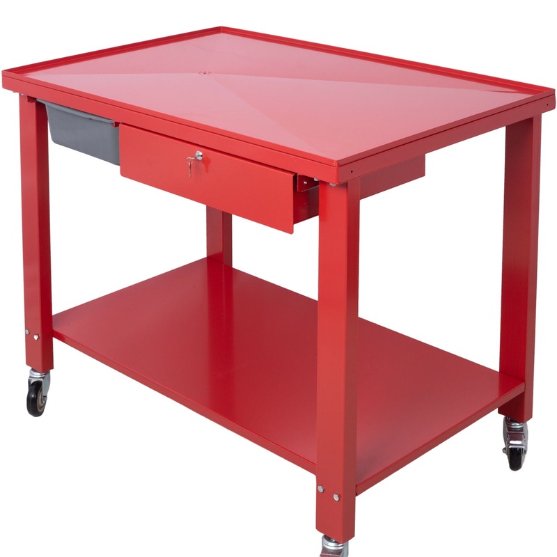 Transmission Teardown Work Station 1 / 2 Ton Capacity Sloping Drain Table Locking Drawer Removable Drain Basin Full-Width Lower Shelf Four 4 Caster Wheels