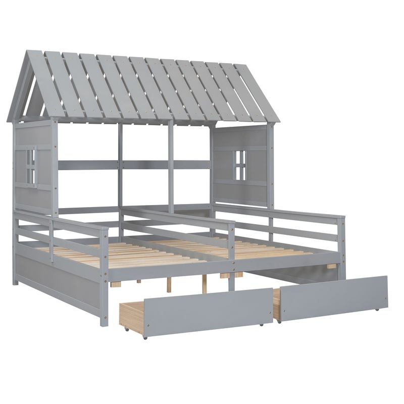 Twin Size House Platform Beds With 2 Drawers For Shared Use – Gray