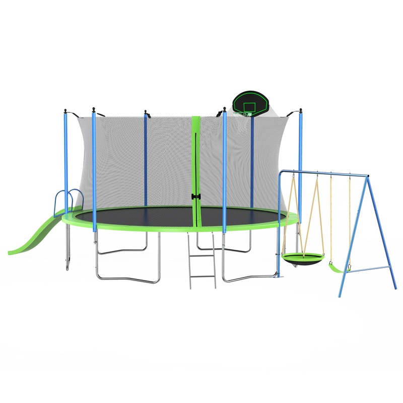 12Ft Trampoline With Slide And Swings, Astm Approved Large Recreational Trampoline With Basketball Hoop And Ladder, Outdoor Backyard Trampoline With Net, Capacity For Kids And Adults – Green / Blue
